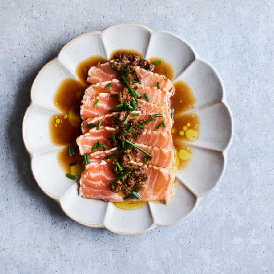 Masaki Sugisaki’s seared salmon sashimi with ponzu sauce and porcini salsa.