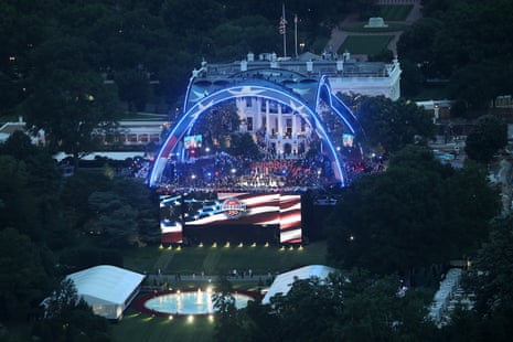 The UFC Freedom 250 temporary venue on the South Lawn of the White House is seen from the top of the Washington Monument on Sunday night.
