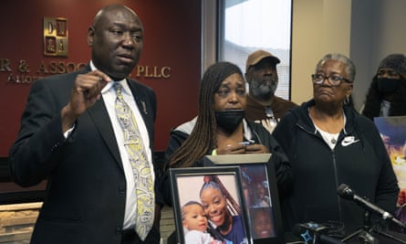 Crump, left, with Simone Teal and Harriet Payne, whose family members died in separate police-invovled crashing, calling for the releasing of the dash camera footages, February 2022, in Houston.