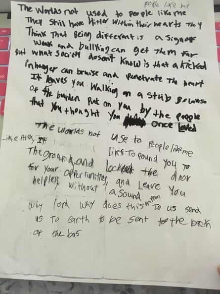 While hospitalized in June after a suicide attempt, the young man wrote a poem in with a shaky hand. (This picture has been edited to remove the name of the victim.)