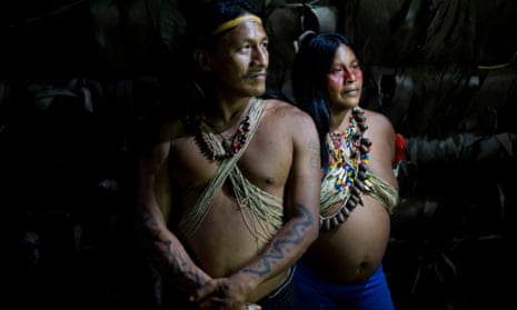 A Waorani couple from Bameno village in the Yasuní National Park in Ecuador, to the west of where a recent reconnaissance trip found evidence of illegal logging and hunting.