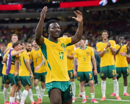 Nestor Irankunda and his Australia teammates observe triumph complete Turkey.