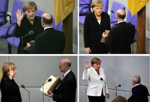 Merkel has been sworn in as German chancellor four times: November 2005 (top left); October 2009 (top right); December 2013 (bottom left); and March 2018 (bottom right)