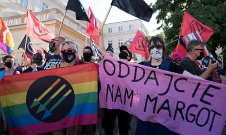 Members of the LGBT community and its supporters demonstrate in Warsaw on 16 August.