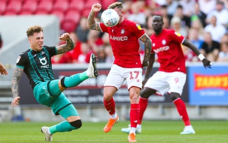 Swansea’s Joe Rodon stretches to reach the ball against Bristol City.
