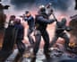 Rainbow Six Tactics art: four armoured soldiers with guns and a hammer advance through smoky rubble
