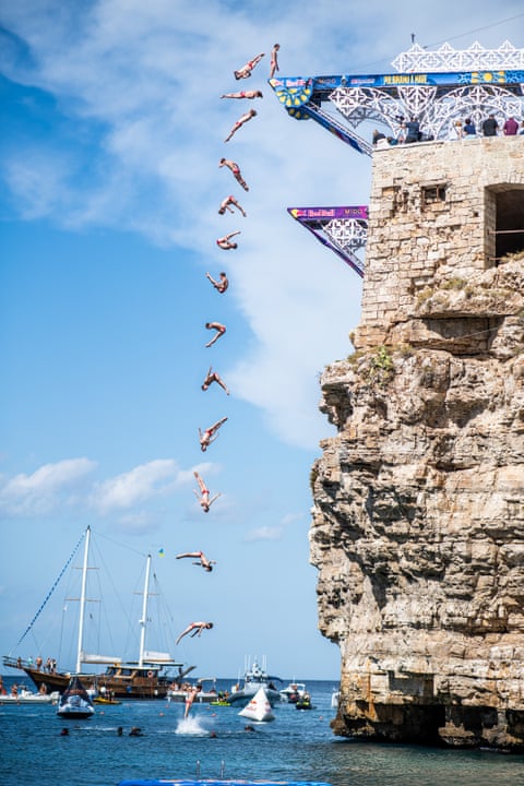Gary Hunt diving during the Red Bull cliff diving world series at Polignano a Mare, Italy, in 2022.