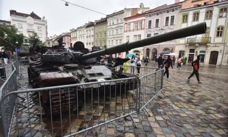 A Russian T-72 tank, part of an exhibition of destroyed Russian equipment in Lviv, August 2022.
