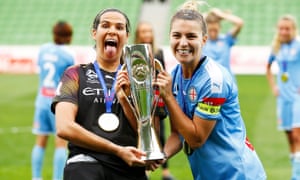 Lydia Williams (left) and Steph Catley after Melbourne City beat Sydney to win the 2020 W-League grand final in March.