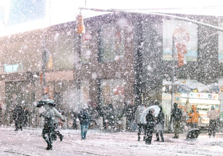 A blizzard in an urban street in Lower Manhattan
