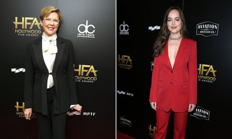 Suited … Annette Bening and Dakota Johnson at the Hollywood Film Awards last month.