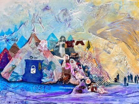 artwork using fabric and other materials to show people by tents