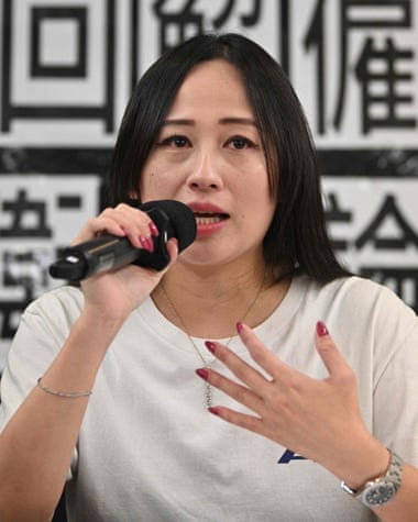 Rebecca Sy, who was dismissed as chair of the flight attendants union at Cathay Dragon, speaks at a press conference in Hong Kong