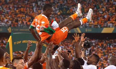 Ivory Coast's Max Gradel celebrates with teammates after the Afcon final.