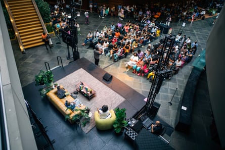 high up view of people sitting in an audience