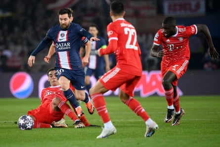 Lionel Messi collects the ball from deep and tries in vain to beat half the Bayern Munich side at the Parc des Princes stadium.