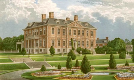 An illustration of Melton Constable Hall, a large manor house in red brick, set in lush green gardens.