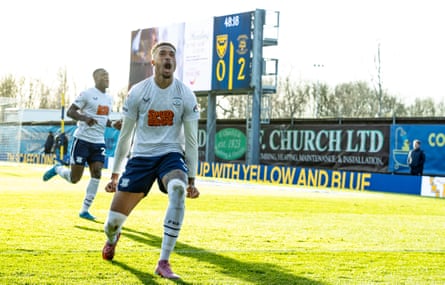 Preston’s Daniel Jebbison celebrates after putting Preston 2-0 up at Oxford