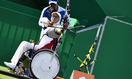 Iran’s Zahra Nemati, a gold medal winner in the London 2012 Paralympics, shoots during the Rio 2016 women’s archery in Rio de Janeiro.
