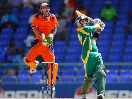 South Africa’s Herschelle Gibbs hits the sixth six off an over from the Netherlands’ Daan van Bunge in 2007.