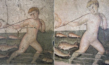 A mosaic before (L) and after (R) restoration, in the Hatay Archaeology Museum, Turkey.
