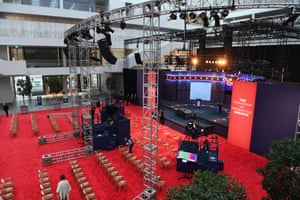 The stage of the first presidential debate is seen in Cleveland, Ohio.