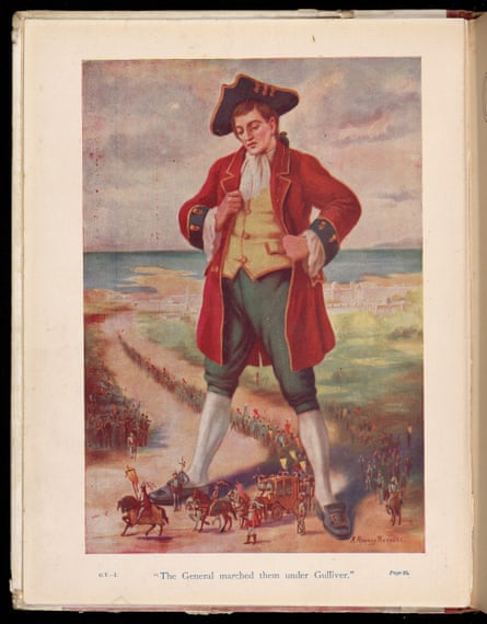 An illustration of the Lilliputian army marching beneath Gulliver
