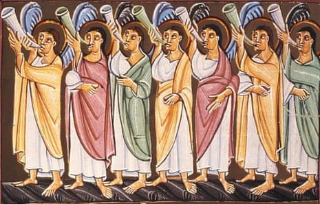 The seven angels with seven trumpets: detail from the 11th-century Bamberg Apocalypse manuscript. 