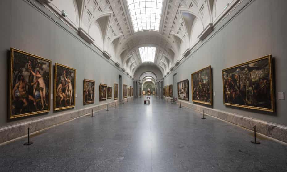 View of an empty gallery at Museo del Prado in Madrid.