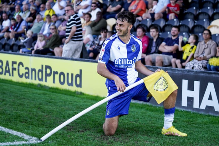 Aaron Collins celebrates after scoring Bristol Rovers’ fourth goal.