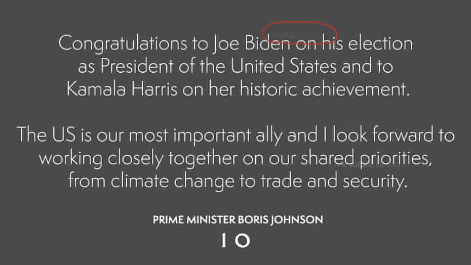 The prime minister’s tweet to the US president-elect Joe Biden, with the original message faintly visible behind.