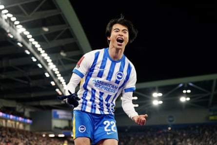 Brighton’s Kaoru Mitoma celebrates after scoring against Chelsea.