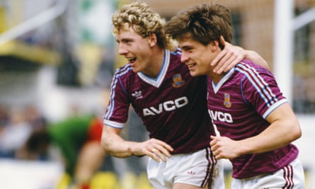 Tony Cottee is congratulated by Frank McAvennie after scoring in West Ham’s 2-0 victory over Watford in April 1986