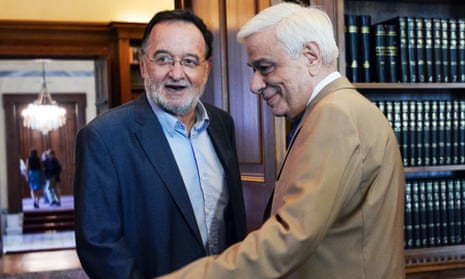 Popular Unity leader Panagiotis Lafazanis (left) meets Greek president Prokopis Pavlopoulos on Monday.