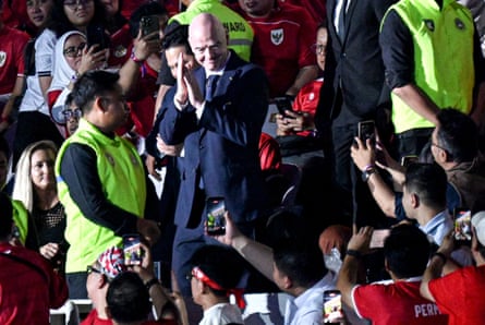 Gianni Infantino (front, 2nd L) is seen during the closing ceremony before the FIFA ASEAN Cup 2026 Division 1 Final Match between Indonesia and Thailand at Gelora Bung Karno Stadium in Jakarta