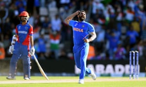 Mohammed Shami of India celebrates the wicket of Mujeeb Ur Rahman of Afghanistan, his hat-trick and victory.