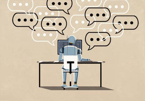 An illustration of a robot sitting at a computer on a desk with many speech bubble above