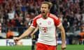Harry Kane celebrates after scoring a penalty to give Bayern Munich the lead.