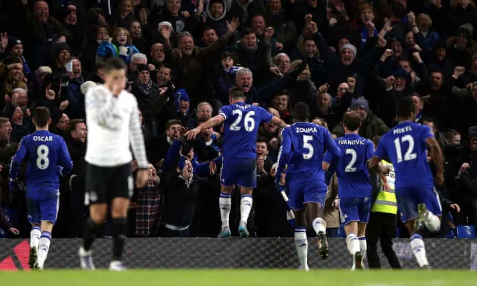 Chelsea’s John Terry celebrates scoring his side’s third goal in the 3-3 draw with Everton in the Premier League match at Stamford Bridge on Saturday January 16, 2016.
