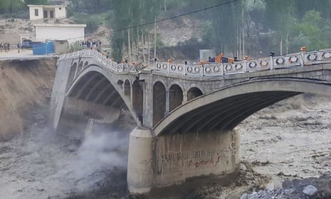 Flash floods damage a bridge in Pakistan's northern Hunza district.