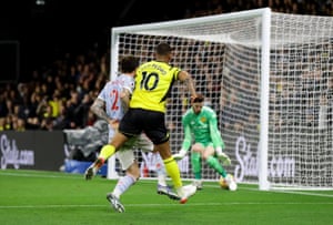 Watford’s Joao Pedro scores their third goal.