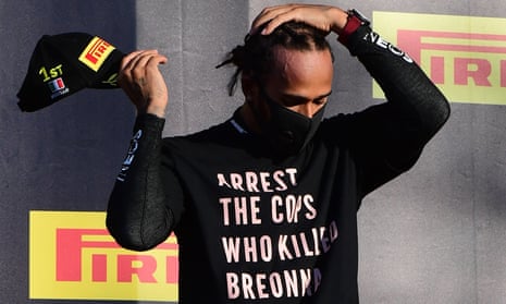 Lewis Hamilton draws attention to the killing of Breonna Taylor after winning the Tuscan Grand Prix in 2020