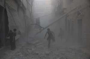 A street in an opposition-controlled part of Aleppo after regime helicopters targeted a medical centre on Friday.