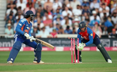 India's Tilak Varma is stumped out by England's Jos Buttler off the bowling of England's Will Jacks.