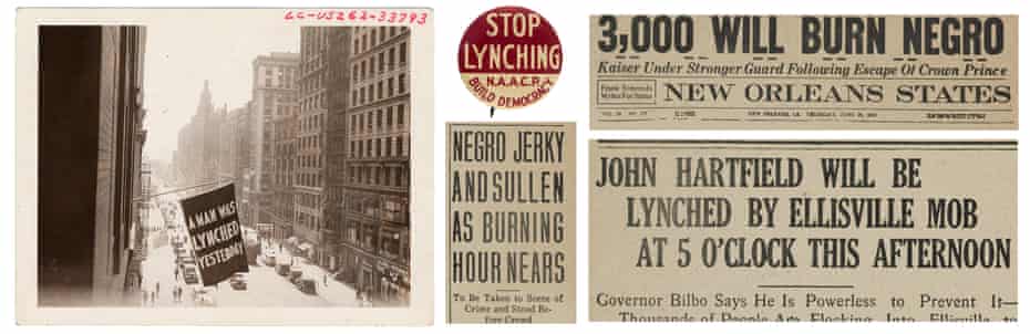 Left to right: a flag announcing lynching flown from the NAACP headquarters, New York, in May 1916; a NAACP pin; and news clippings.