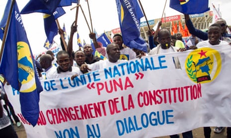 National Unity party demonstrators in the Democratic Republic of the Congo call for elections on 24 April 2016. The banner reads: ‘No to constitutional change, No to talks’.