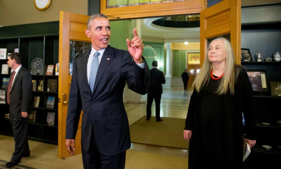 Lessons in leadership ... Barack Obama arriving at the State Library of Iowa to interview Marilynne Robinson, (right). (AP Photo/Andrew Harnik)