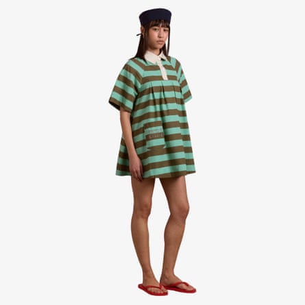 Damson Madder Maggie mini polo dress – aqua olive stripe