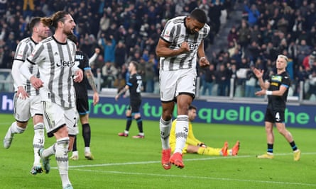 Gleison Bremer jumps for joy after his header gives Juventus the lead against Lazio.