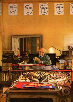 Matisse sitzt in seinem Bett und arbeitet an Kirchenentwürfen, wie sie 1949 in der Vogue vorgestellt wurden.